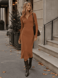 WOMEN'S LONG SLEEVE ZIP UP NECK RIBBED BODYCON MIDI DRESS