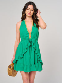 WOMEN'S SLEEVELESS V-NECK RUFFLE TRIM DETAILED MINI DRESS