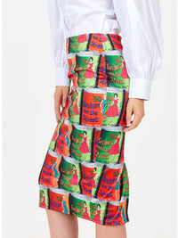 WOMEN'S ZIPPER CLOSURE MULTI PRINT PENCIL MIDI SKIRT