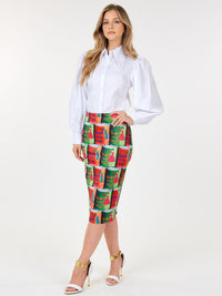 WOMEN'S ZIPPER CLOSURE MULTI PRINT PENCIL MIDI SKIRT