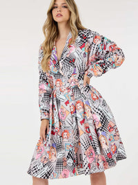 WOMEN'S LONG RUCHED SLEEVE FRONT POCKETS MULTI PRINT WRAP MINI DRESS