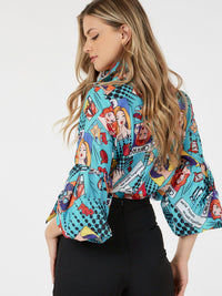 WOMEN'S 3/4 SLEEVE BUTTON UP MULTI PRINT BLOUSE