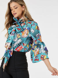 WOMEN'S 3/4 SLEEVE BUTTON UP MULTI PRINT BLOUSE