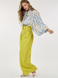WOMEN'S BUTTON CLOSURE FRONT POCKETS BELTED WIDE LEG PANTS