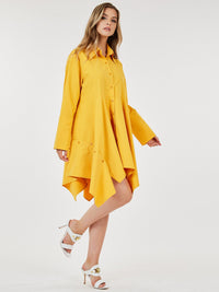 WOMEN'S LONG SLEEVE BUTTON UP TUNIC HIGH LOW MINI DRESS