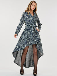WOMEN'S LONG SLEEVE BUTTON CLOSURE POCKETS PRINTED HIGH-LOW MAXI DRESS
