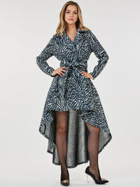 WOMEN'S LONG SLEEVE BUTTON CLOSURE POCKETS PRINTED HIGH-LOW MAXI DRESS