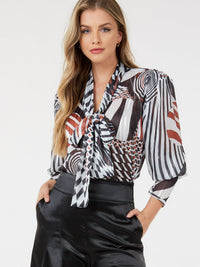 WOMEN'S LONG SLEEVE BUTTON UP V-NECK MULTI PRINT BLOUSE