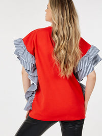 WOMEN'S SHORT SLEEVE RUFFLE TRIM DETAILED BLOUSE