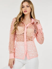 WOMEN'S LONG SLEEVE BUTTON UP DETAILED CROCHET BLOUSE