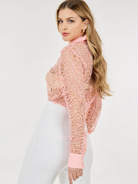 WOMEN'S LONG SLEEVE BUTTON UP DETAILED CROCHET BLOUSE