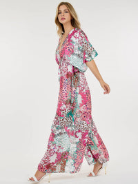 WOMEN'S SHORT SLEEVE V-NECK ELASTIC WAIST WIDE LEG PRINTED JUMPSUIT