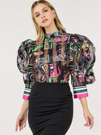 WOMEN'S 3/4 PUFF SLEEVE MOCK NECK MULTI PRINT BLOUSE