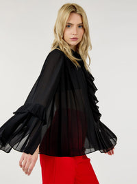 WOMEN'S LONG BELL SLEEVE BUTTON CLOSURE RUFFLE BLOUSE