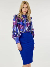 WOMEN'S LONG PUFF SLEEVE BUTTON CLOSURE MULTI PRINT BLOUSE