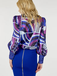WOMEN'S LONG PUFF SLEEVE BUTTON CLOSURE MULTI PRINT BLOUSE