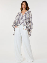 WOMEN'S ZIP UP FRONT POCKETS BUTTONS DETAILED WIDE LEG PANTS