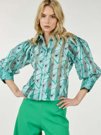WOMEN'S 3/4 SLEEVE BUTTON CLOSURE MULTI PRINT BLOUSE