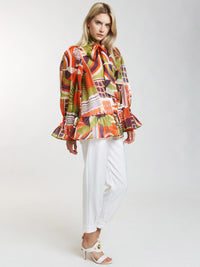 WOMEN'S LONG SLEEVE RUFFLE BUTTON UP MULTI PRINT BLOUSE