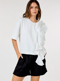 WOMEN'S SHORT SLEEVE RUFFLE FRONT DETAILED TOP