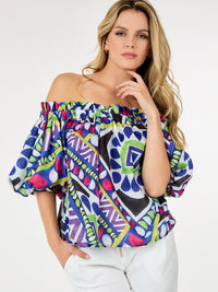 WOMEN'S SHORT PUFF SLEEVE OFF SHOULDER MULTI PRINT BLOUSE