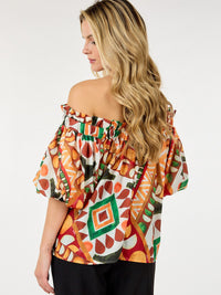 WOMEN'S SHORT PUFF SLEEVE OFF SHOULDER MULTI PRINT BLOUSE