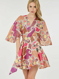 WOMEN'S SHORT SLEEVE WRAP MULTI PRINT MINI DRESS