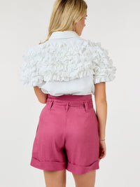 WOMEN'S SHORT PUFF SLEEVE BUTTON CLOSURE RUFFLE DETAILED BLOUSE