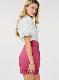 WOMEN'S SHORT PUFF SLEEVE BUTTON CLOSURE RUFFLE DETAILED BLOUSE