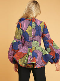 WOMEN'S LONG PUFF SLEEVE MULTI PRINT COLORBLOCK PEPLUM BLOUSE