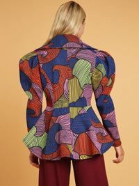 WOMEN'S LONG PUFF SLEEVE BUTTON CLOSURE MULTI PRINT BLAZER