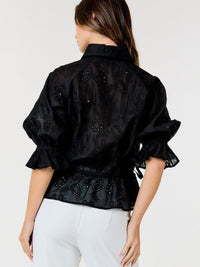 WOMEN'S SHORT PUFF SLEEVE BUTTON UP EYELET PEPLUM BLOUSE