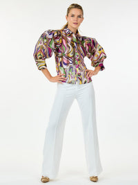 WOMEN'S 3/4 PUFF SLEEVE BUTTON CLOSURE MULTI PRINT BLOUSE