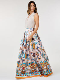 WOMEN'S ELASTIC WAIST SELF TIE MULTI PRINT MAXI SKIRT