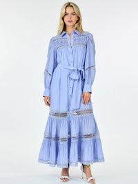 WOMEN'S LONG SLEEVE BUTTON UP SELF TIE EYELET DETAILED MAXI DRESS
