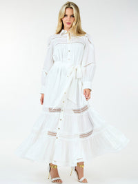 WOMEN'S LONG SLEEVE BUTTON UP SELF TIE EYELET DETAILED MAXI DRESS
