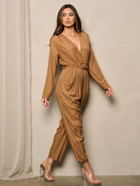 WOMEN'S LONG SLEEVE V-NECK SURPLICE POCKETS JUMPSUIT