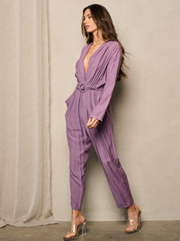 WOMEN'S LONG SLEEVE V-NECK SURPLICE POCKETS JUMPSUIT