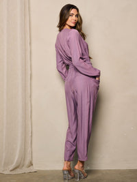 WOMEN'S LONG SLEEVE V-NECK SURPLICE POCKETS JUMPSUIT