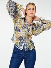 WOMEN'S LONG SLEEVE BUTTON UP MULTI PRINT BLOUSE
