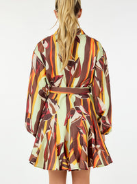 WOMEN'S LONG SLEEVE BUTTON UP BELTED MULTI PRINT MINI DRESS