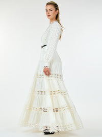 WOMEN'S LONG SLEEVE TIERED EYELET DETAILED BELTED MAXI DRESS