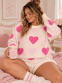 PLUS SIZE LONG SLEEVE HEARTS PRINT PULLOVER COLORBLOCK SWEATER