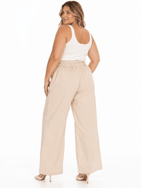 PLUS SIZE BUTTON CLOSURE ELASTIC EMBROIDERY WAIST FRONT POCKETS WIDE LEG PANTS