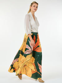 WOMEN'S ELASTIC WAIST LEAF PRINT PLEATED MAXI SKIRT