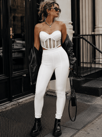 WOMEN'S SLEEVELESS BRALETTE TOP & ZIP UP SKINNY LEG PANTS BANDAGE 2PC. SET