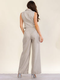 WOMEN'S SLEEVELESS BUTTON UP BLOUSE & BUTTON CLOSURE POCKETS WIDE LEG PANTS 2PC. SET
