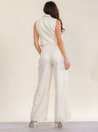 WOMEN'S SLEEVELESS BUTTON UP BLOUSE & BUTTON CLOSURE POCKETS WIDE LEG PANTS 2PC. SET