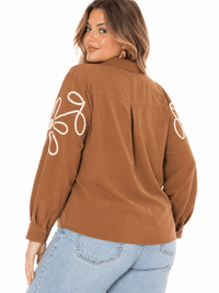 PLUS SIZE LONG SLEEVE BUTTON UP EMBROIDERY DETAILED BLOUSE