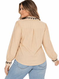 PLUS SIZE LONG SLEEVE BUTTON UP EMBROIDERY TRIM DETAILED BLOUSE